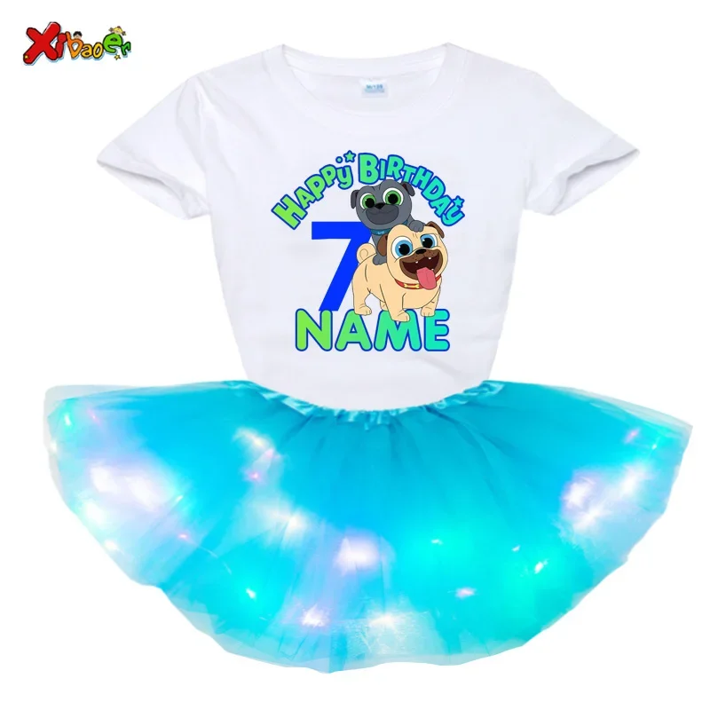 Girls Sets dress 2025 Princess Poppy Party Tutu Dress Light LED dress Sets baby Girls Birthday Numbers Bow Cartoon Print Sets