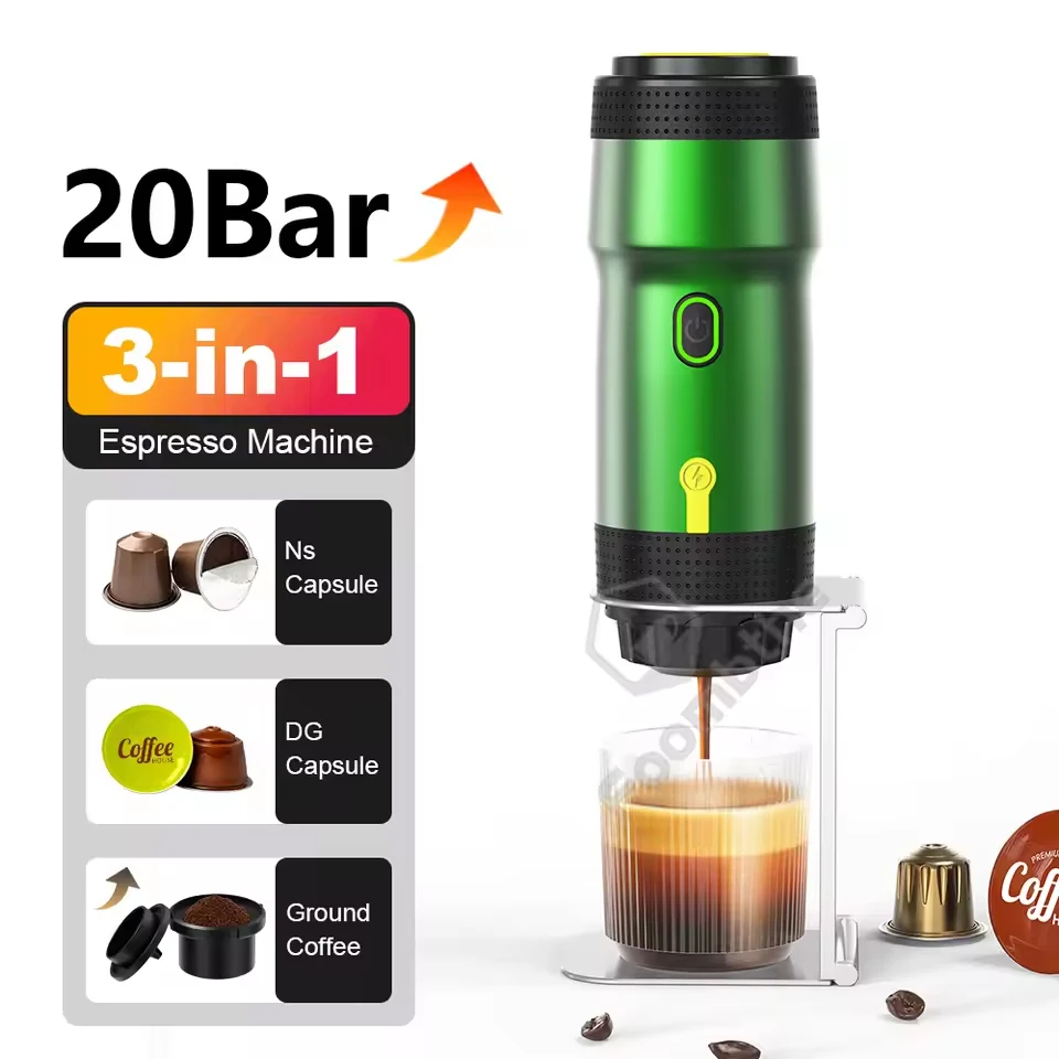 Macchina per caffè espresso portatile elettrica wireless per auto e casa Caffettiera da campeggio Caffettiera da viaggio in polvere con capsule 3 in 1