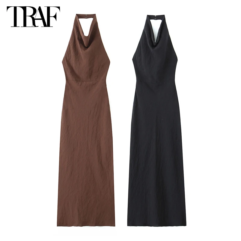 TRAF Drapowane długie sukienki dla kobiet Halter Slip Summer Dress Woman 2024 Sexy Backless Midi Dress Women Beach Party Female Dress