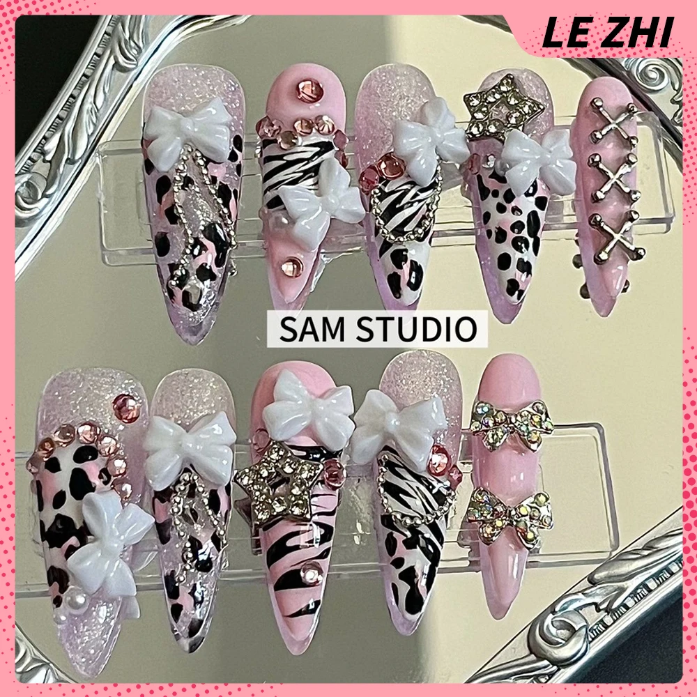 10Pcs Y2K Spice Girl Handmade Almond Wearable Full Cover Nails Wings Bowknot Leopard Print Diamond Polka Point Press On Nails