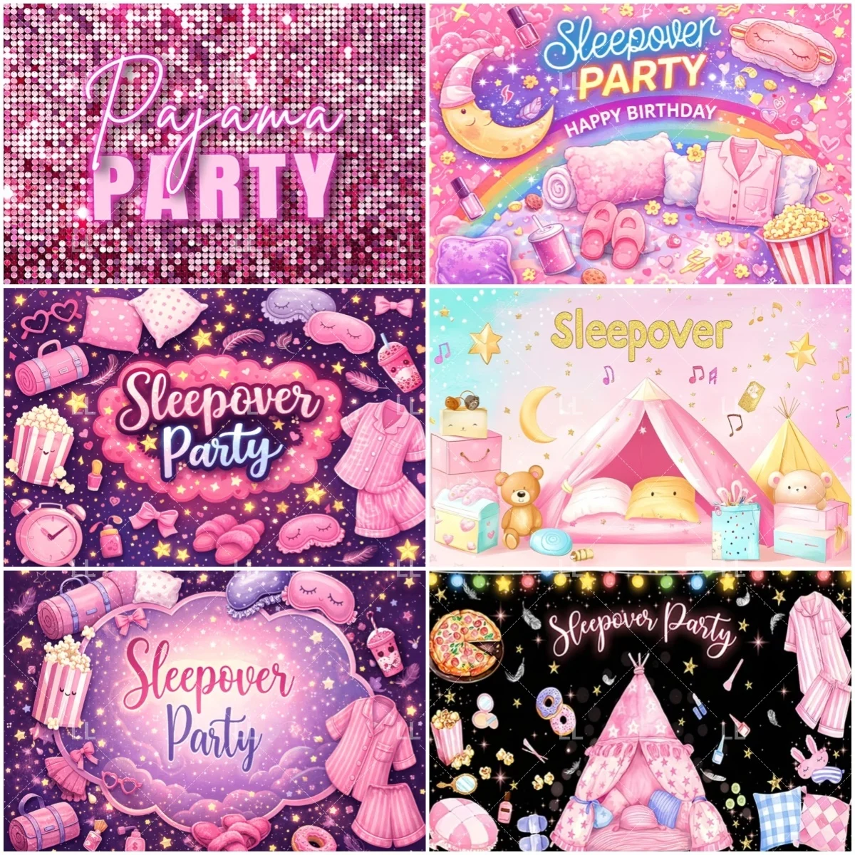 Pajama Birthday Party Decoration Glitter Balloons Teepee Pink Slumber Backdrop Girls Sleepover Background Kid Bedroom Photo Prop