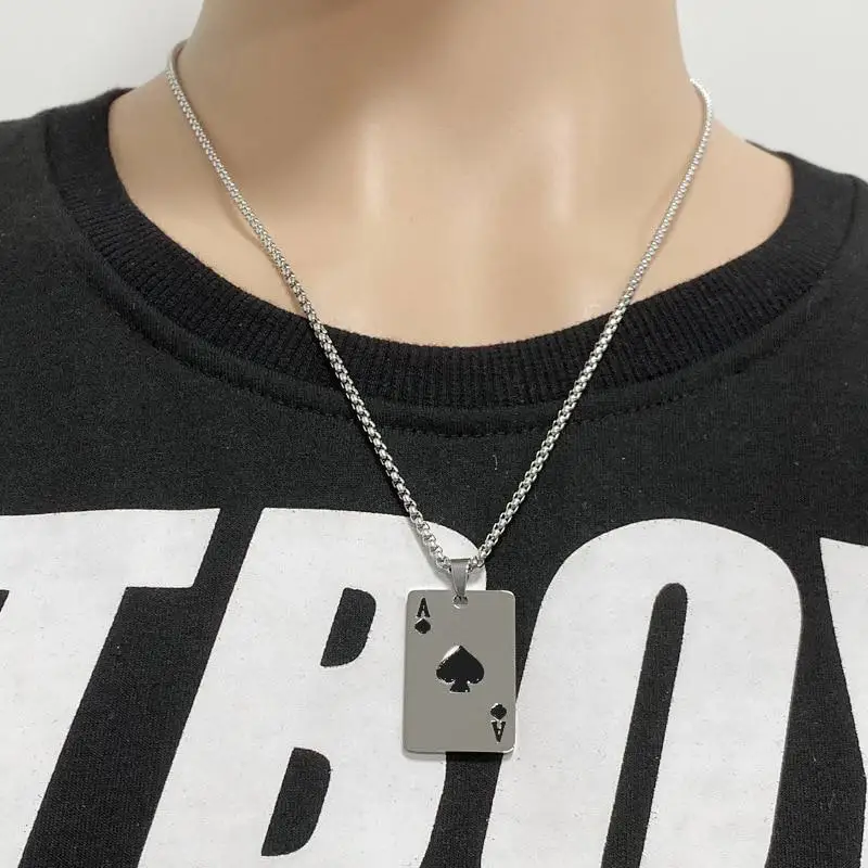 Hip-hop Style Stainless Steel Playing Card Pendant Necklace Trendy Ace of Hearts Collarbone Necklace Holiday Party Jewelry Gift