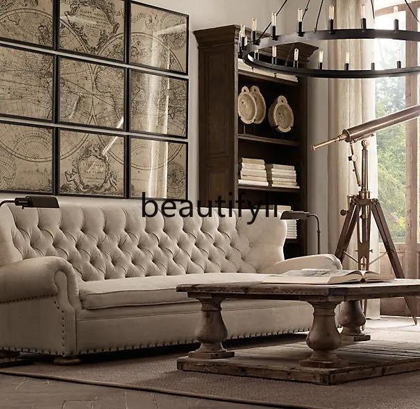 

American Style Genuine Leather Sofa for Large Living Rooms, High-Back Retro Style Single, Double, and Three-Seater Sofa Set