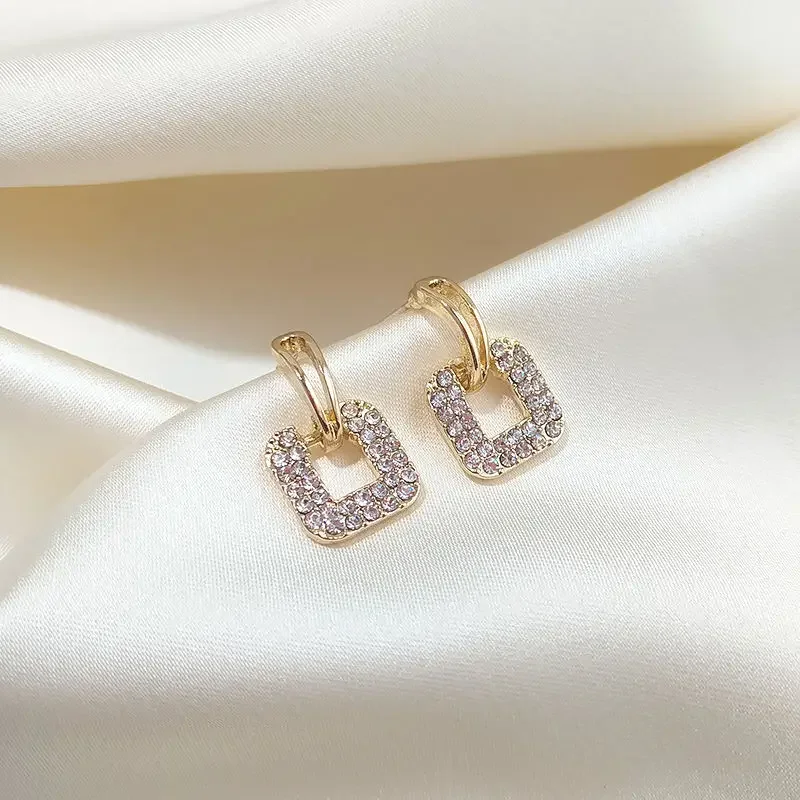 Korean Gold Color Full Crystal Square Stud Earring for Women Simple Hollow Geometry Temperament Jewelry Christmas Girl Gift