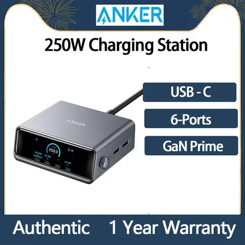 Anker Prime Charger, 250W / 200W GaN Prime USB C Charging Station, Ultra-Fast 6-Port, 2.26" LCD Display and Smart Control Dial