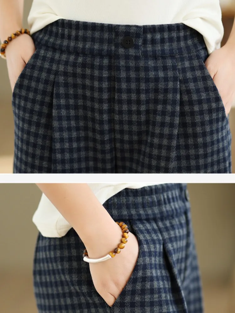 미국 레트로 체크 울 스트레이트 팬츠 여성 겨울 하이웨이스트 슬림 캐주얼 바지 안감 있는 와이드 레그 팬츠