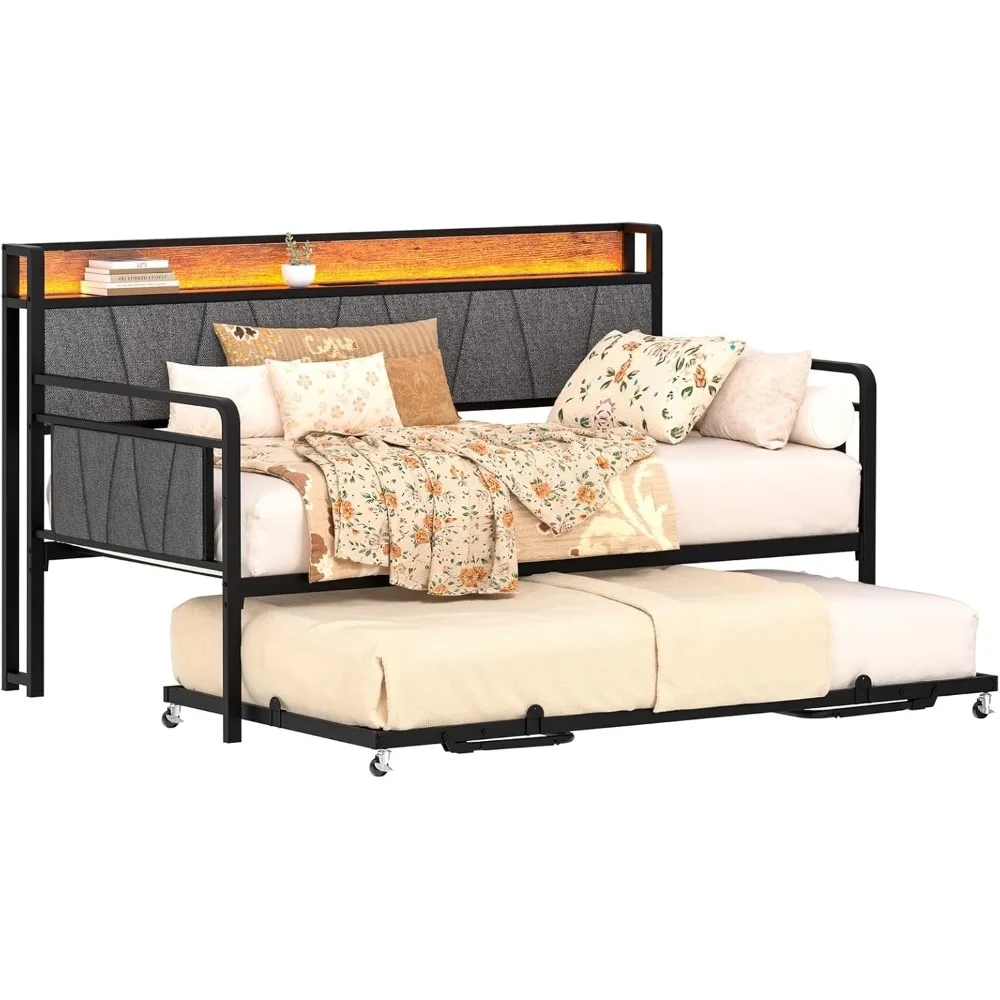 Twin Daybed with Trundle, Modern Twin Size Sofa Day Bed, Sturdy Metal Bed Frame with Upholstered Headboard for Living Room,