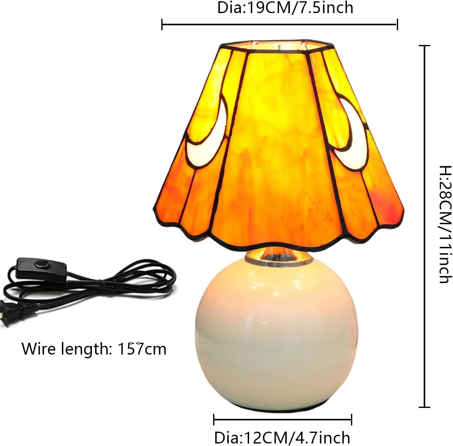 Mushroom Moon Stained Glass Table Lamp, Tiffany Style Bedside Light for Living Room Decor, Orange Gift