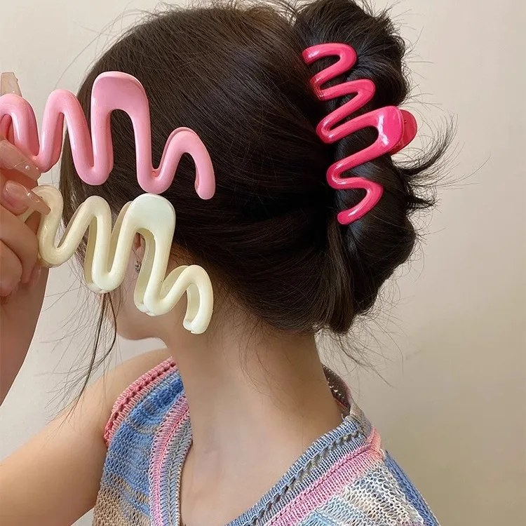 Dopamine Creamy Color Geometry Wave Line Back Head Hair Claw Hair Claw Clip Women Girl Hairpin Ponytail Hair Accessories