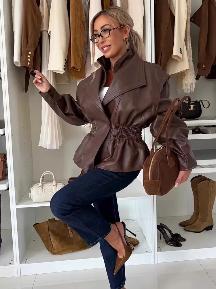الخريف الشتاء المرأة عالية Colar بولي Leather سترة جلدية الرجعية فضفاضة الأكمام موضة سستة معطف شارع العليا مرونة الخصر الشارع الشهير