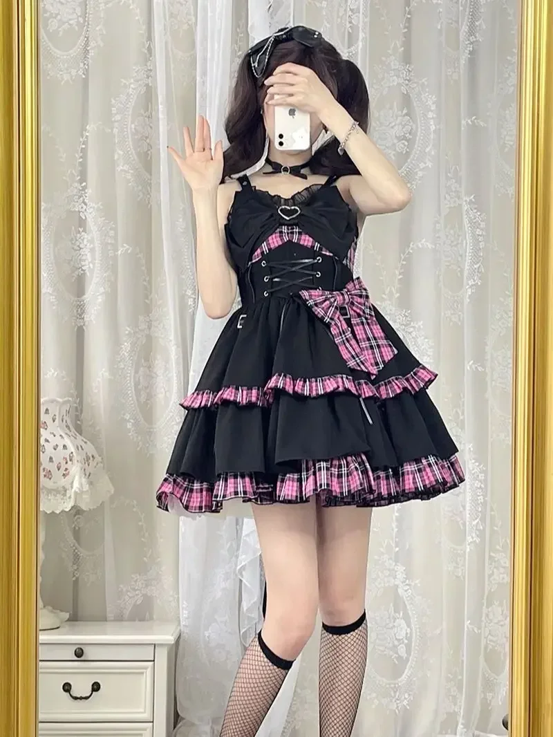Idol clothes Lolita JSK Dress Red Plaid Pattern Sleeveless Ruffles Bows Lace Up Lolita Jumper Skirt  By Alice Girl
