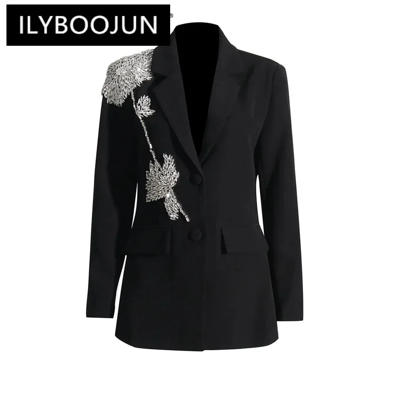 

ILYBOOJUN Autumn Slim Blazers For Women Notched Collar Long Sleeve Patchwork Diamonds Chic Style Blazer Female Fashion 2023