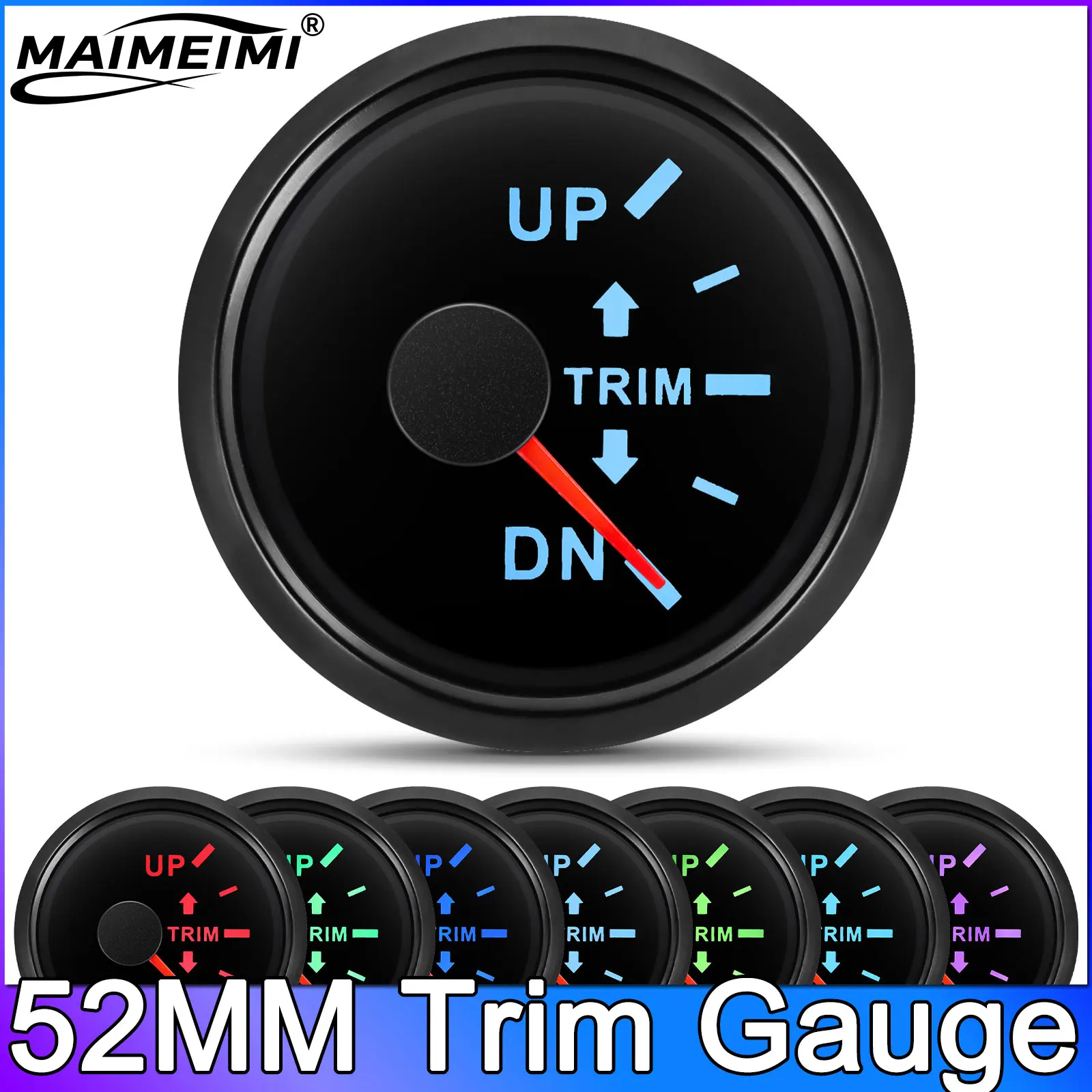 52 mm Trimmlehre bis hinten für Innen- und Außenbordmotor, Boot, Marine-Trimm-Neigeanzeige, Messgerät 0–190 Ohm, 7 Farben Hintergrundbeleuchtung
