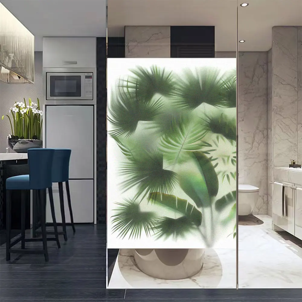 Privacy Glass Window Film Sun Blocking Glue-Free Bathroon Windows Film Green Plant Pattern Frosted Glass Door Decoration Film