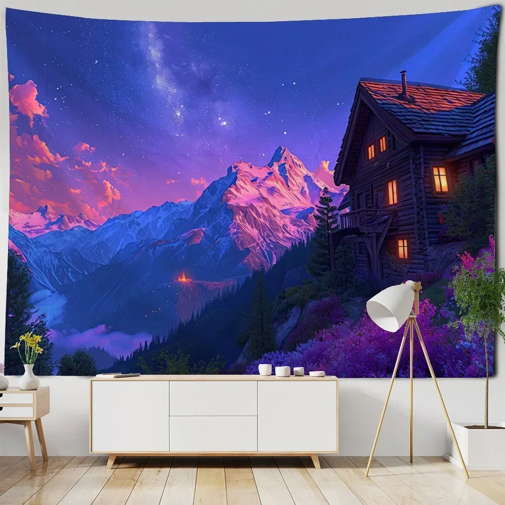 Forest wooden house tapestry hanging wall, snow mountain landscape, Bohemian tapestry, hippie living room wall background cloth