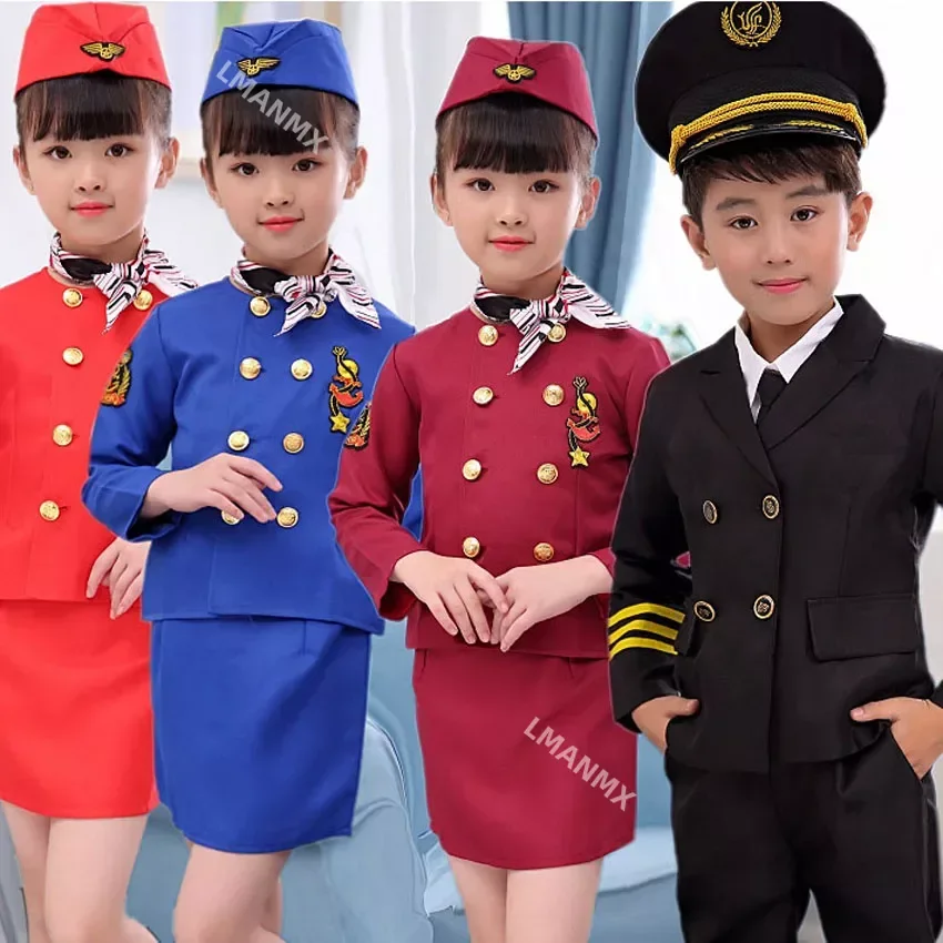 Halloween Pilot Cosplay Costumes For Kids Boys Birthday Gift Girls Flight Attendant Fancy Dress Military Performance Uniform image 2