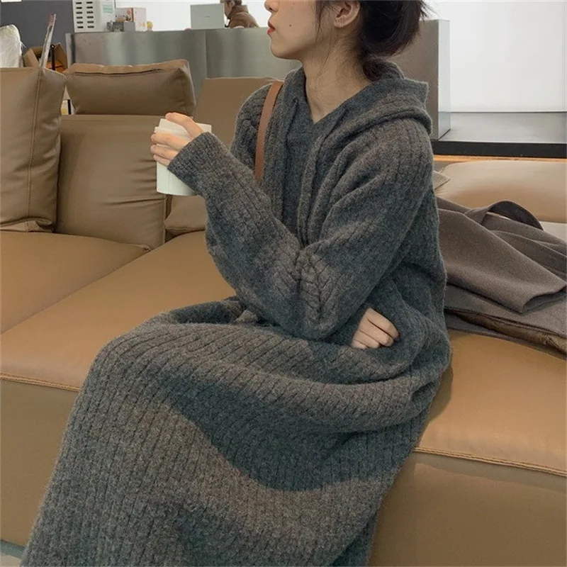 

Women's Loose Slimming Knee-length Thickened Sweater Dress Casual Comfortable Fashion Korean Style Hooded Knit Dress