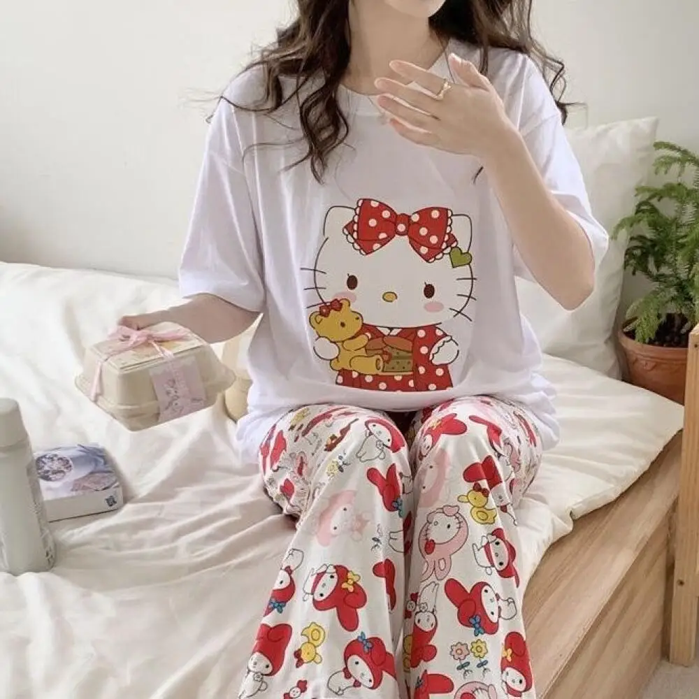 

Kawaii Hello Kitty Summer Pajamas Suit Sanrio Cute Cartoon Homewear Suit Anime Autumn Short Sleeve Pants Nightwear Girl Student