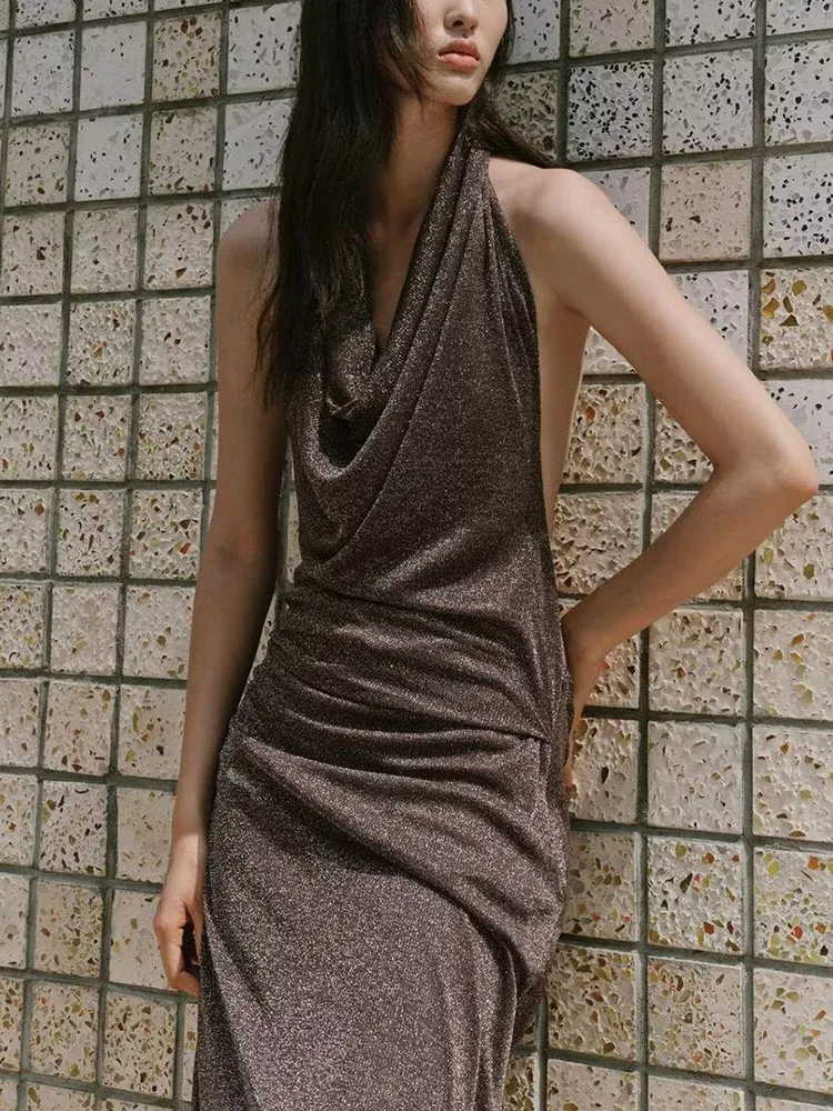 

Новое летнее сексуальное утягивающее металлическое длинное платье с открытыми плечами ZA2025, женское модное платье с высокой талией, вечернее платье