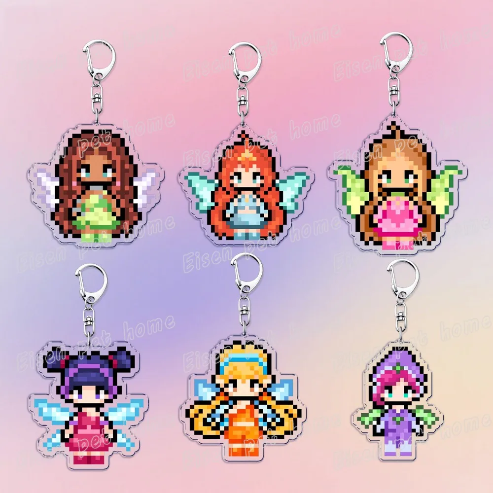 Cute Catoon Pixel Keychains for Women Bag Charm Fairy Stella Musa Tecna Magical Girl Fairies Keyrings Jewelry Friends Gifts