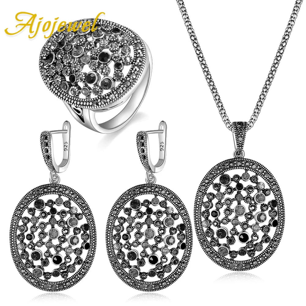 

Ajojewel High Quality Oval Shape Ring Earrings and Pendant Necklace Colorful Rhinestone Jewelry Sets For Women Retro Items