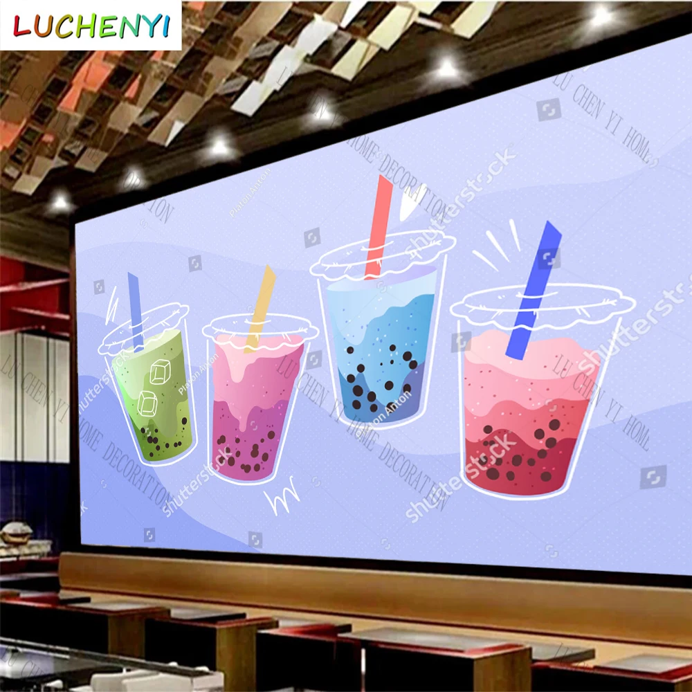 

Custom bubble tea light purple background mural wallpaper restaurant drinking shop dining room wall papers home decor sticker