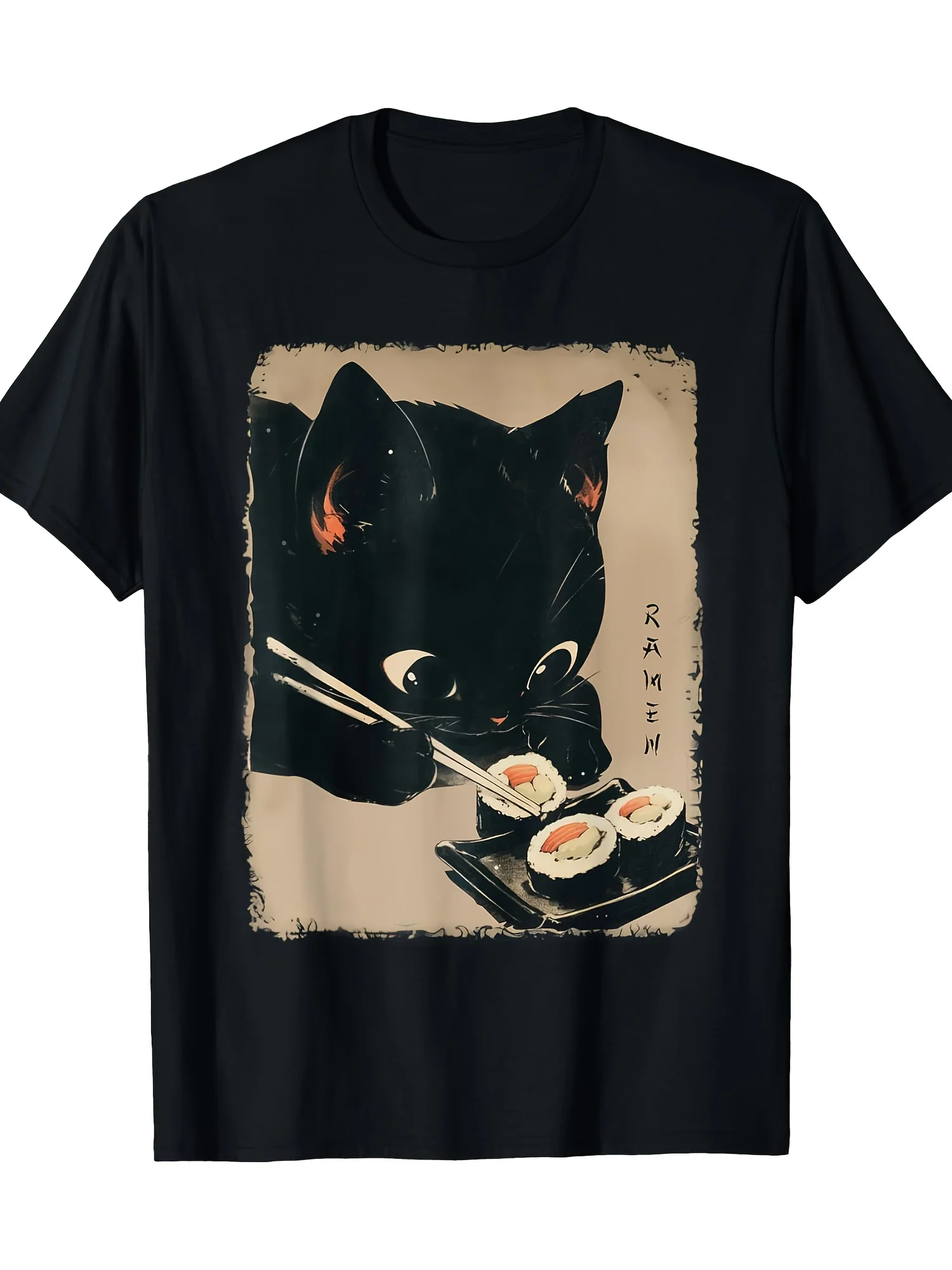 Camiseta Vintage Negra para Hombre con Estampado Gráfico de Gato Negro, Palillos de Sushi y Comida Japonesa, 100% Algodón Pesado, Manga Corta, Estilo Casual Urbano
