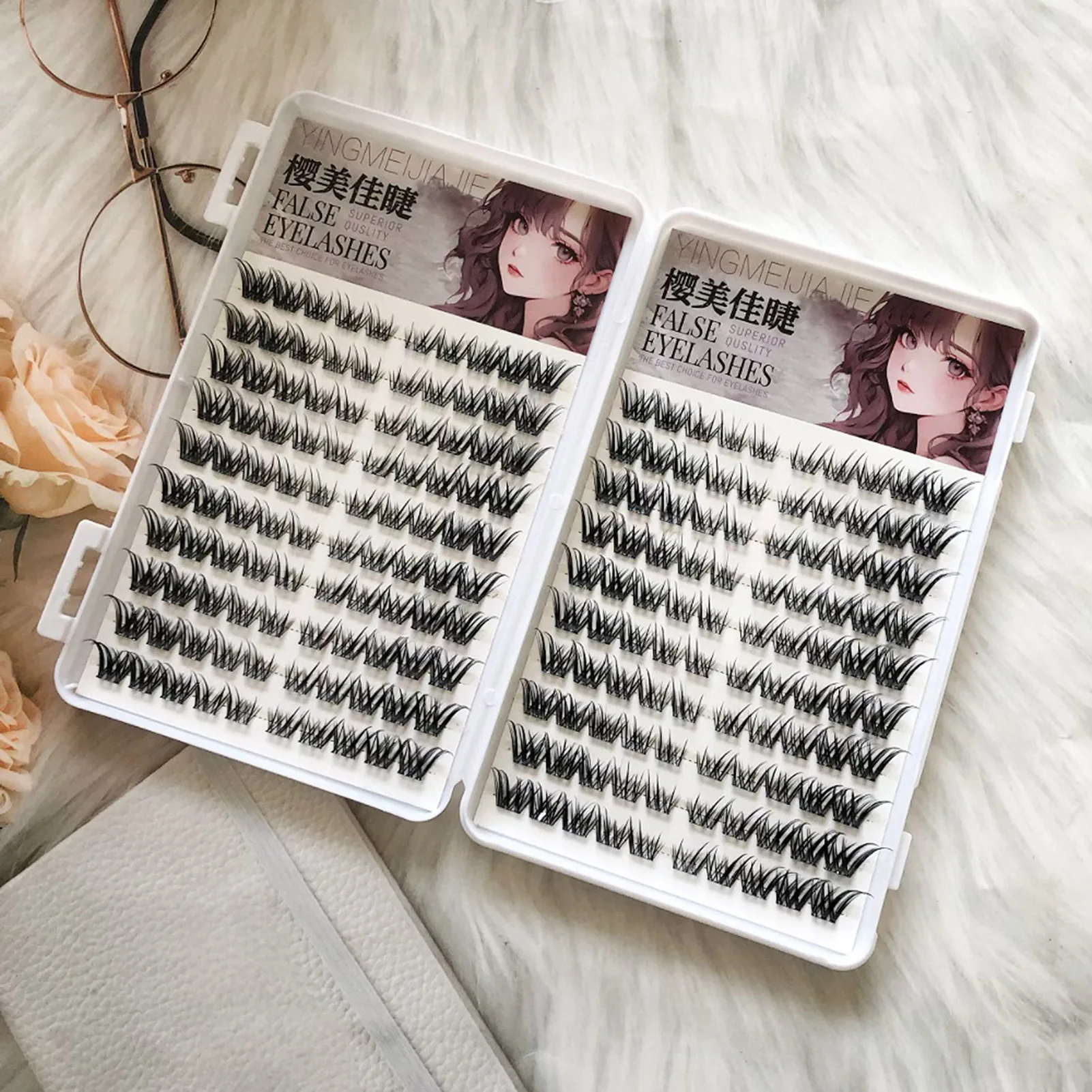 Soft Fiber False Eyelashes for Asian Eyes, 100 Clusters No Glue Needed Lightweight Natural Look for Party and Daily Wear