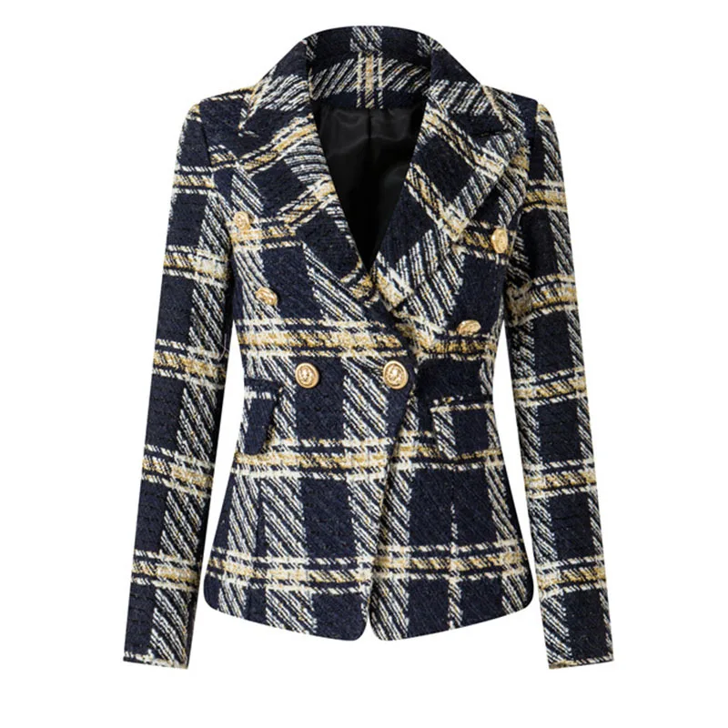 

Spring High Quality Women's Blazer 2024 New in Jackets Ladies Gold Button Women's Modern Blazers Tweed and Wool Check Suit