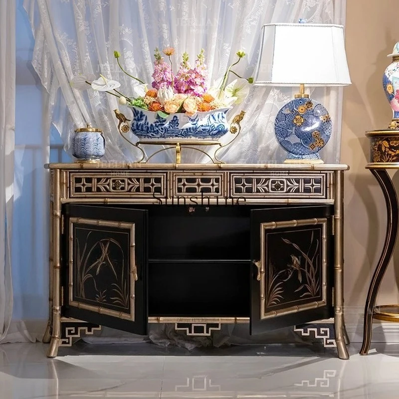 

American rural luxury solid wood gold foil hand-painted 1.4 meters bamboo joint storage foyer entrance cabinet