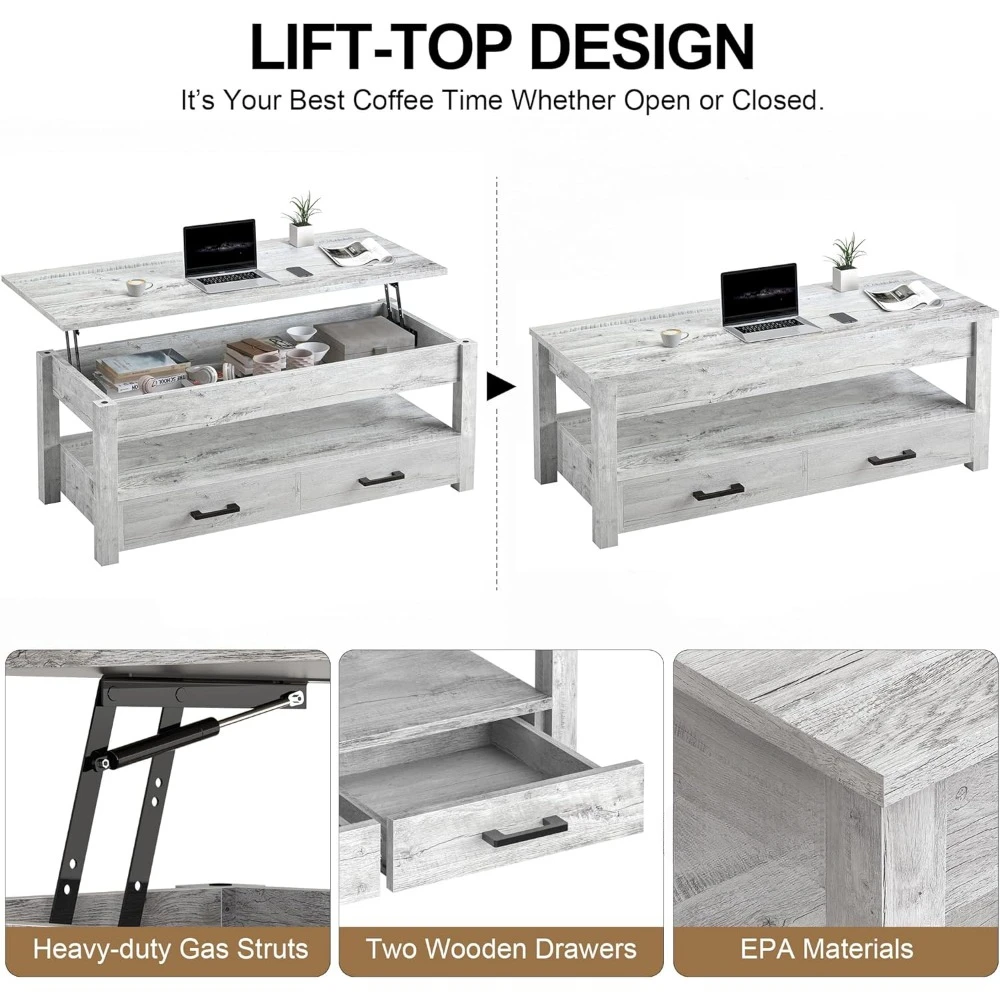 Mesa de centro elevadora para sala de estar, 47,2 ", con cajones de almacenamiento, compartimento oculto