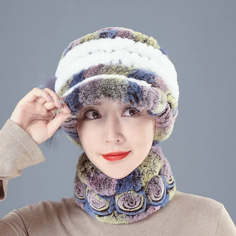 

Меховая шапка женская утолщенный теплый тканый шарф комплект бейсболка