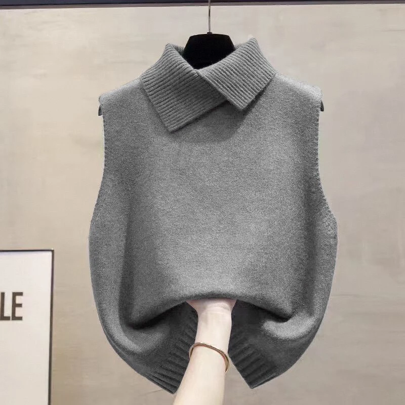 Koreanische einfarbige, ärmellose, vielseitige, lässige Strickweste mit Reverskragen für Damen für Herbst und Winter – Detail 4