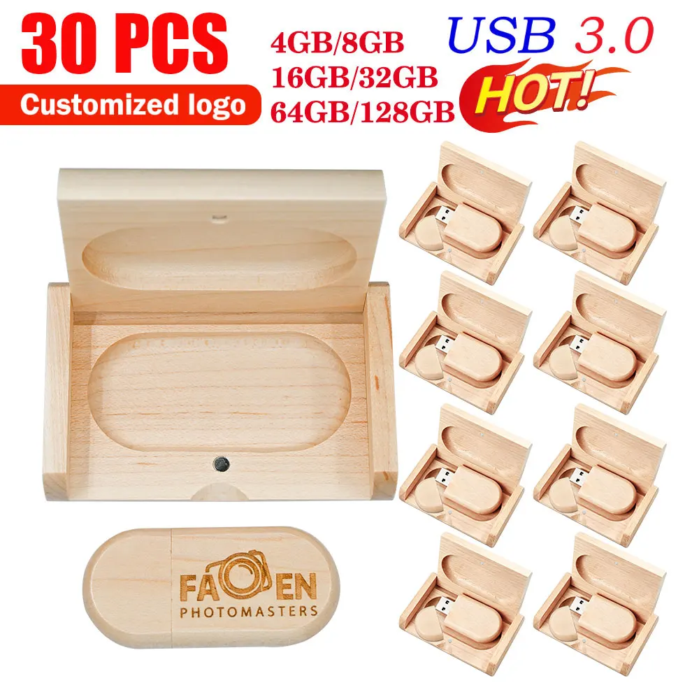30pcs/lot Free Custom Logo 3.0 USB Flash Drive 128GB Colorful Wooden Box Memory Stick 64GB Creative Gift Pen Drive 32GB Pendrive