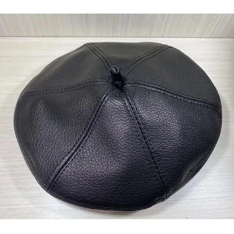 Spring/Winter 100% Real Leather Beret Hat Women Fashion European Pumpkin Painter Caps Female Rainbow Black Thin Boina