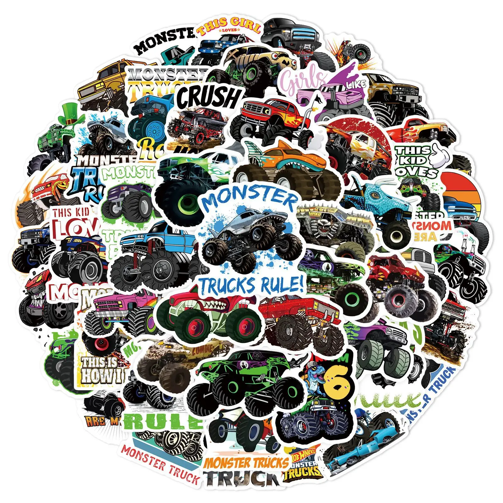 50PCS Monster Trucks Rule Graffiti Sticker Motorcycle Helmet Skateboard Toy Car Water Bottles Travel Case Laptop Waterproof Stic