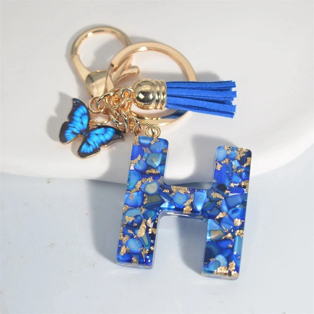 Modischer blauer glasierter Stein, A bis Z, Buchstaben-Schlüsselanhänger, 26 Initialen, Alphabet, Schmetterling, Quaste, Anhänger, Auto-Schlüsselanhänger, Damenschmuck, Geschenke