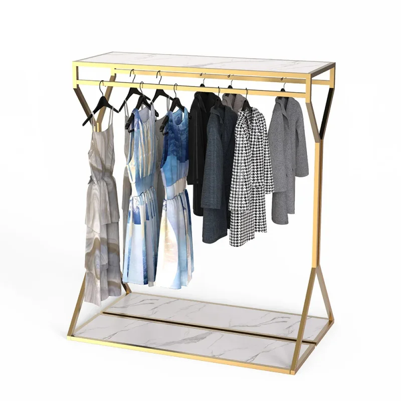 custom.Customized Double Sided Hanging Pole Clothing Rack Shoe Bag Clothing Display Rack Two in-1 Clothes Shelves Gold Clothing