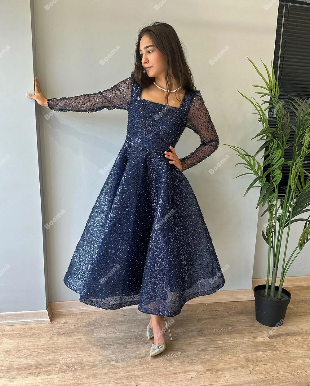 Booma Dark Blue Glitter Lace Evening Dresses Long Sleeves Square Collar A-Line Formal Prom Gowns Ankle Length Party Dresses