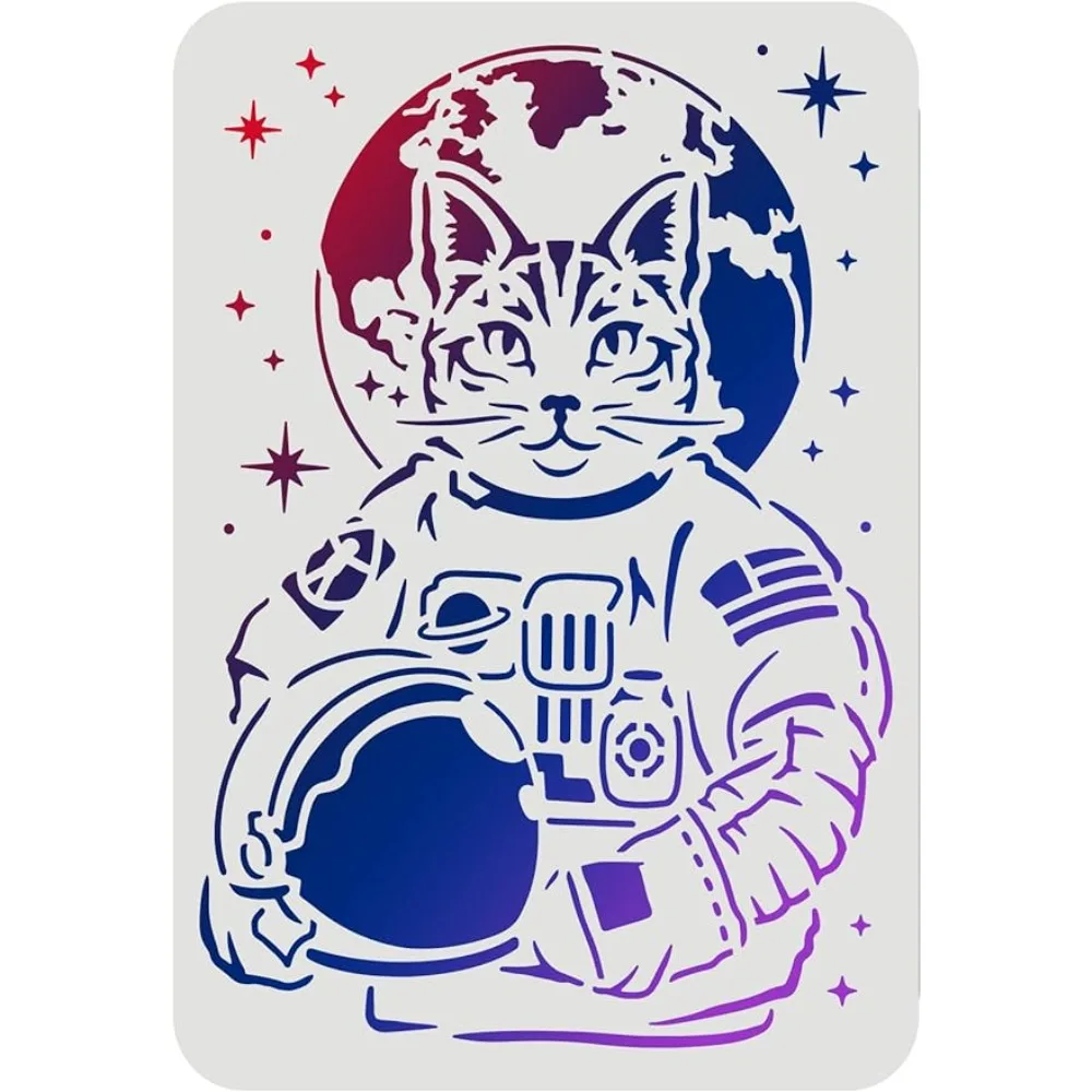 

Cat Astronaut Stencils 11.7x8.3 inch Plastic Outer Space Theme Drawing Painting Stencils Cat Earth Star Wall Stencils Reusable