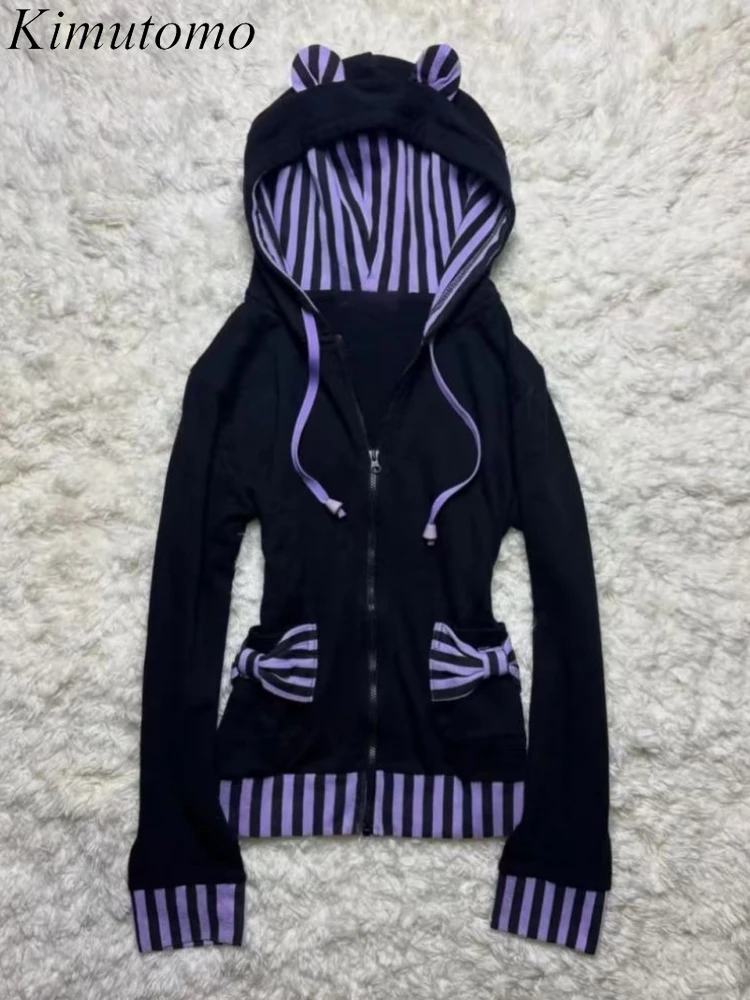 Kimutomo Hoodies Women Striped Zipper Bow Drawstring Ears Autumn New Fashion Grunge Long Sleeve Sweatshirt Ladies Y2k Harajuku