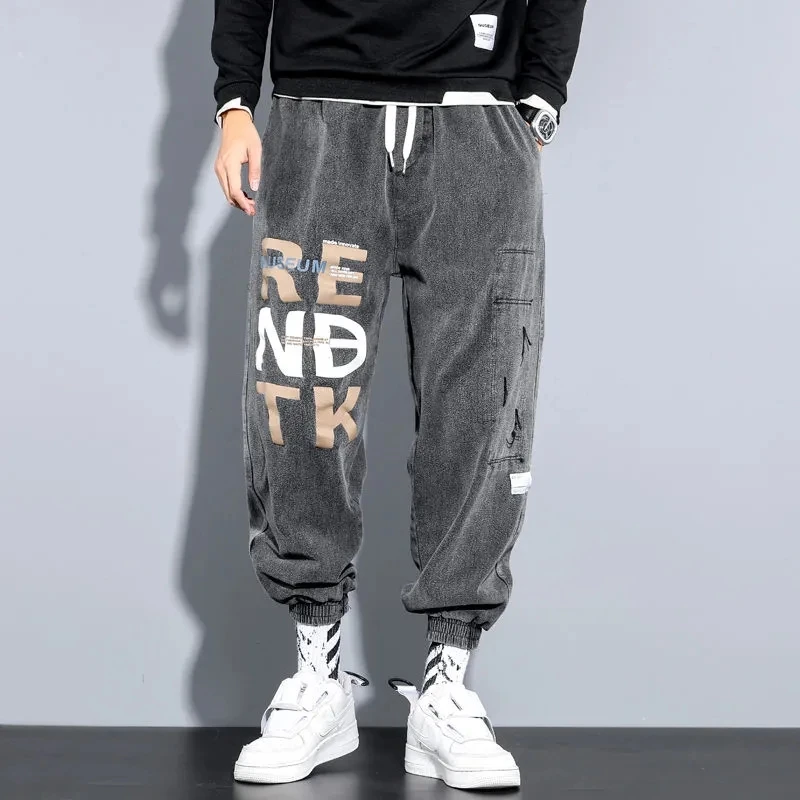

Hip Hop Print Denim Pants Streetwear Casual Harajuku Elastic Waist Jeans Homme Baggy Pants Man Loose Joggers Men Trousers Black