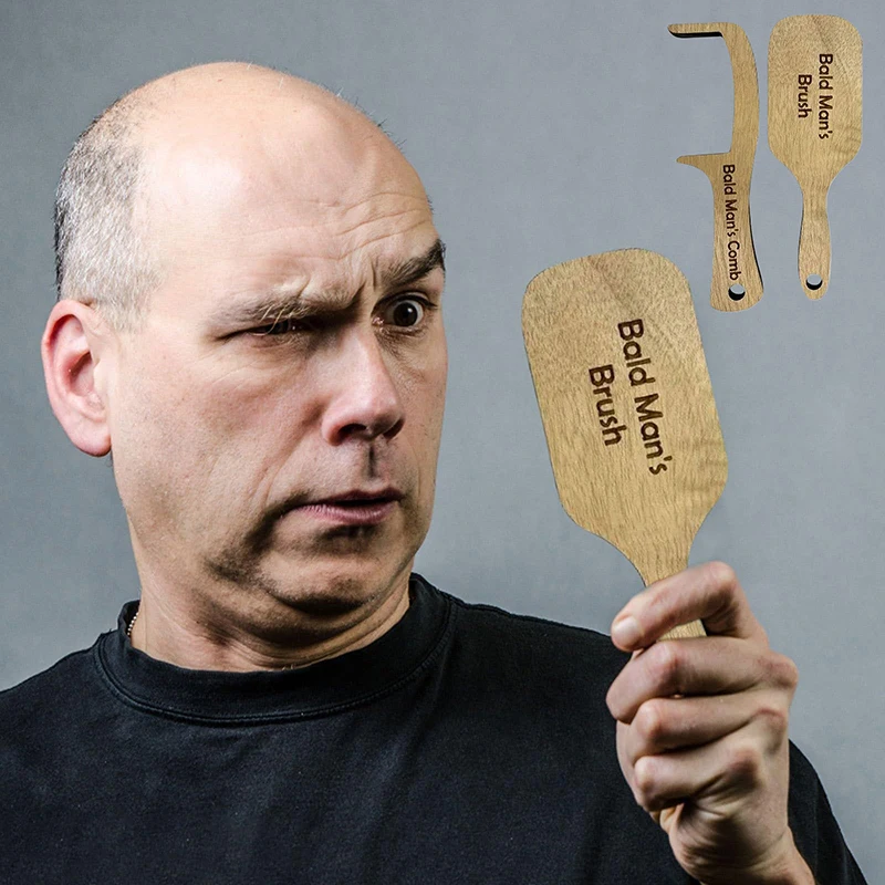 2PCS Gag Hairloss Joke Gift For Bald Man Funny Wooden Hairless Combing Brush And Toothless Comb For Men Hair Loss Christmas Gift