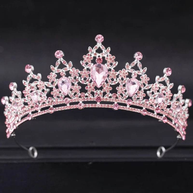 Diademi e corone di cristallo rosa per le donne sposa rosa strass Prom Diadem corona diara nuziale accessori per capelli da sposa gioielli