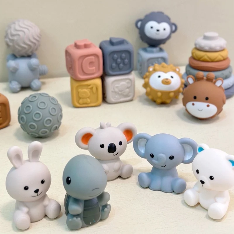 赤ちゃん感覚ボール-ソフトシリコンアニマルスタッキングおもちゃ-幼児用ハンドグラブスクイーズ歯固めブロック-幼児早期発達用