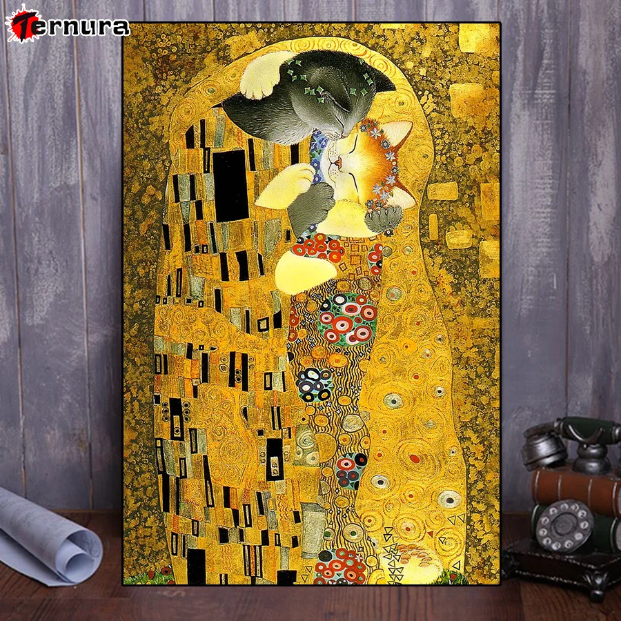 5D Full square drill Famous paintings and cats diamond embroidery Cat kiss cross stitch diamond mosaic pattern rhinestones Decor