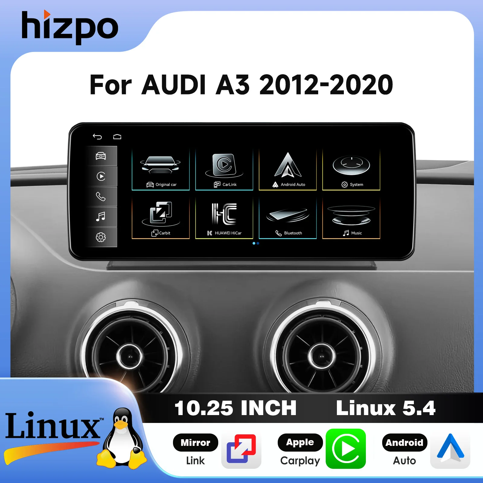 Hizpo 10,25 Zoll 12,3 Zoll Linux Autoradio für Audi A3 2012-2020 Kabelloses CarPlay Mirror Link Bluetooth 1920*720 HD-Bildschirm