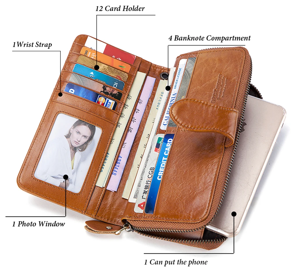 KAVIS Women Wallet Genuine Leather Organizer Cell Phone Clutch Bag with RFID Card Holder Fashion Ladies Money Purse Portemonnee