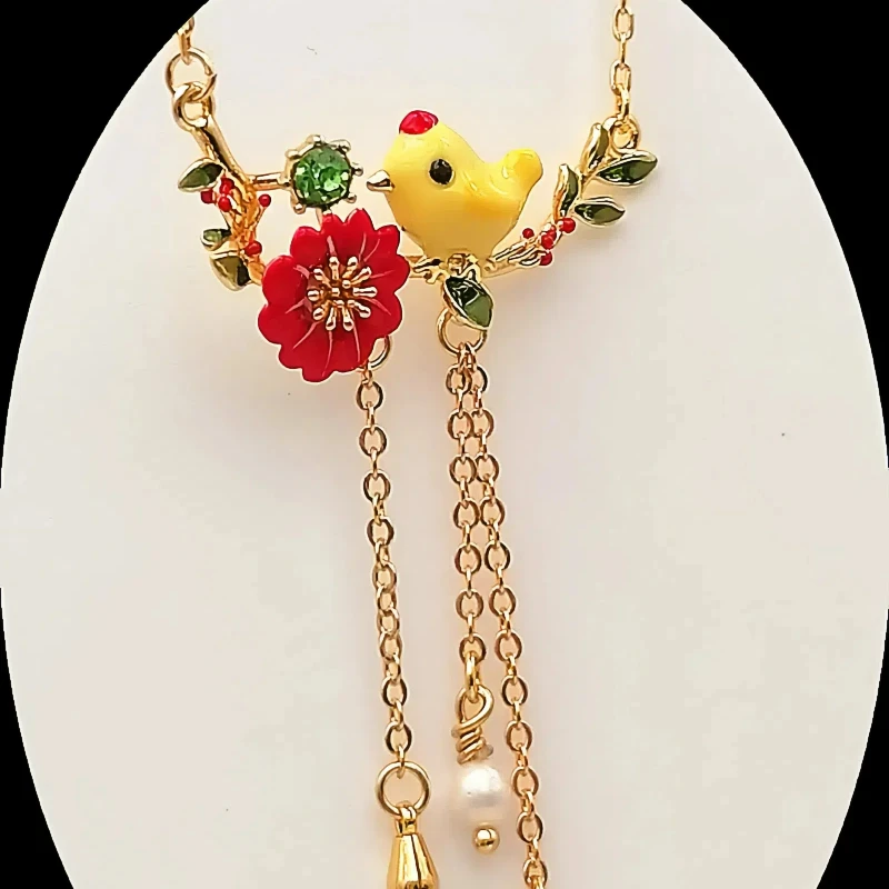 

New Style Cute Yellow Chicken Charms Drip Oil Red Flower Freshwater Pearl Tassels Wicker Salix Leaf Dangle Pendant Necklace Y2k