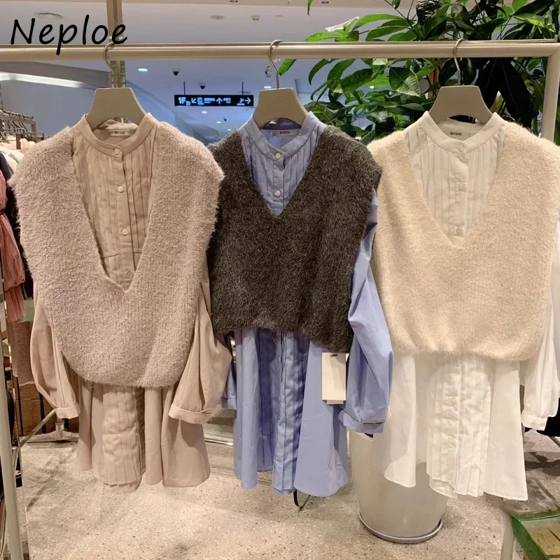 

Neploe Sweet Elegant V Neck Knit Sets Vest+lantern Sleeve Single Breasted Ruched Solid Blouses Japan Moda Casual Suit Blusas